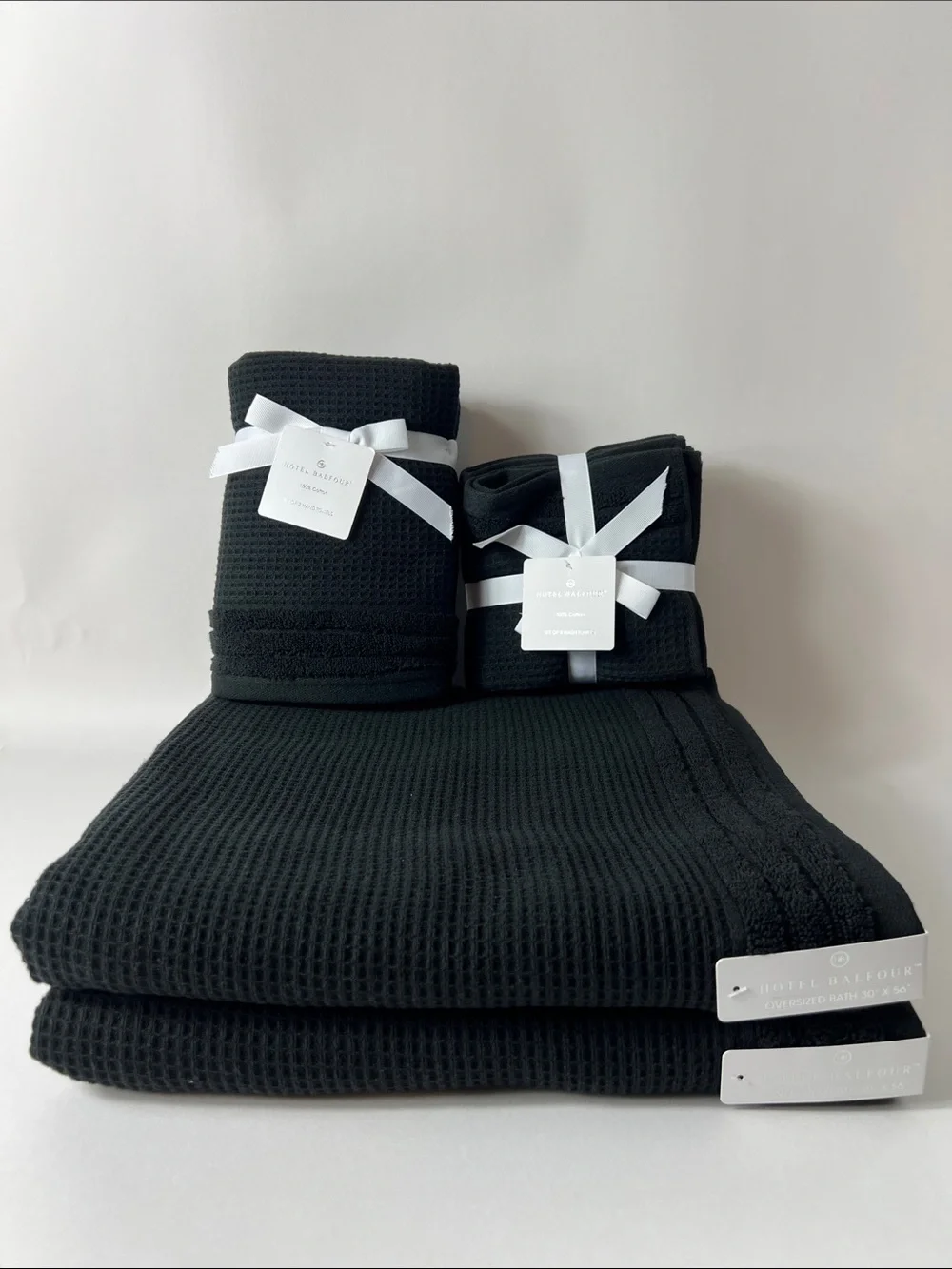 Hotel Balfour Bath Towel Set Black Waffle Texture Quick Dry Cotton Set of 9 NEW